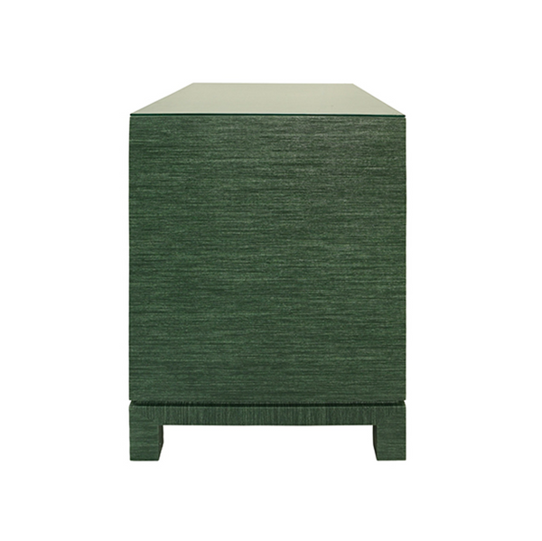 Cole Green Dyed Grasscloth Side Table with Glass Top and Satin Brass Drawer Pulls