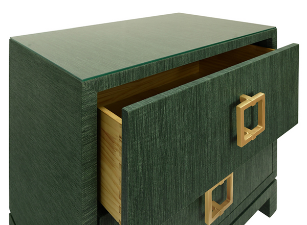 Cole Green Dyed Grasscloth Side Table with Glass Top and Satin Brass Drawer Pulls