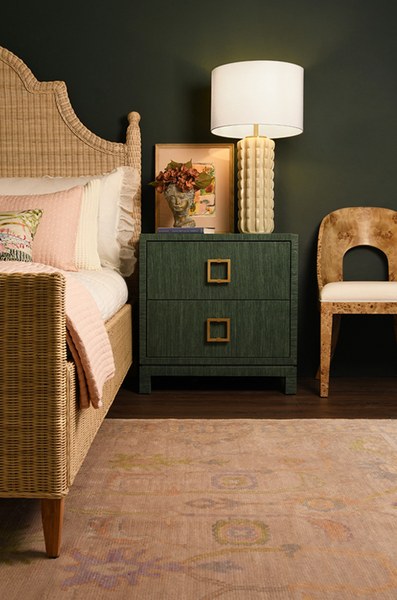Cole Green Dyed Grasscloth Side Table with Glass Top and Satin Brass Drawer Pulls