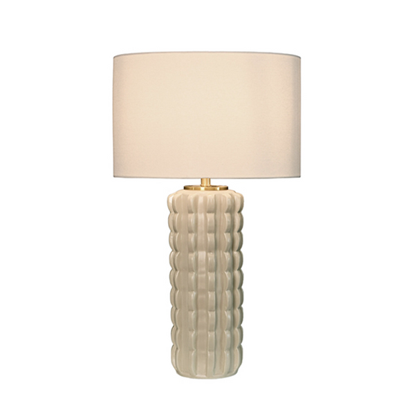 Cece Beige Glazed Scalloped Ceramic Table Lamp with White Linen Shade, Ceramic Finial, and Brass Accent