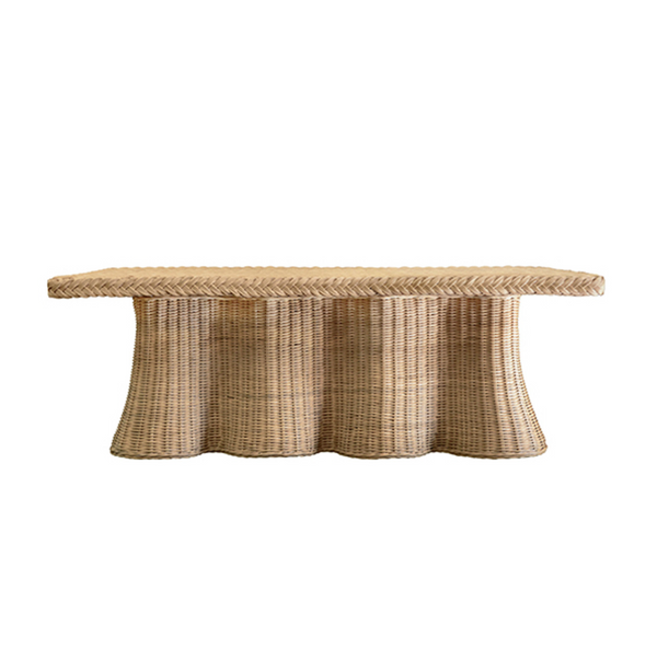 Britney Natural Woven Rattan Rectangular Scalloped Skirt Coffee Table with Braided Edge
