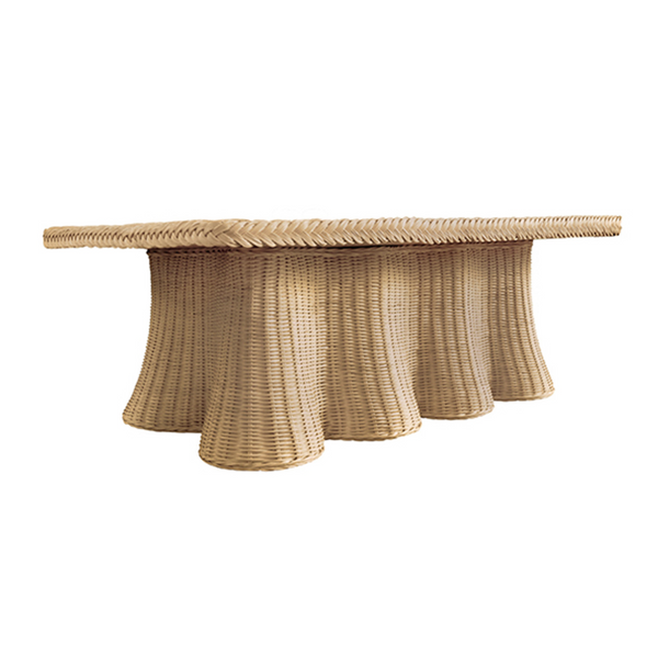 Britney Natural Woven Rattan Rectangular Scalloped Skirt Coffee Table with Braided Edge