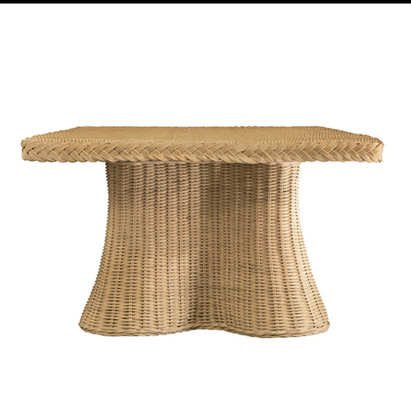 Britney Natural Woven Rattan Rectangular Scalloped Skirt Coffee Table with Braided Edge