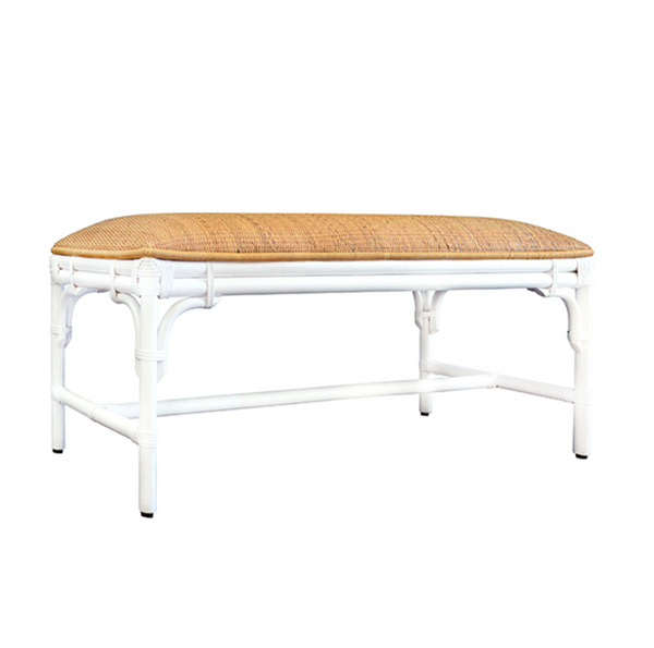 Asha Natural Rattan Cushion Top Bench with White Painted Rattan Base