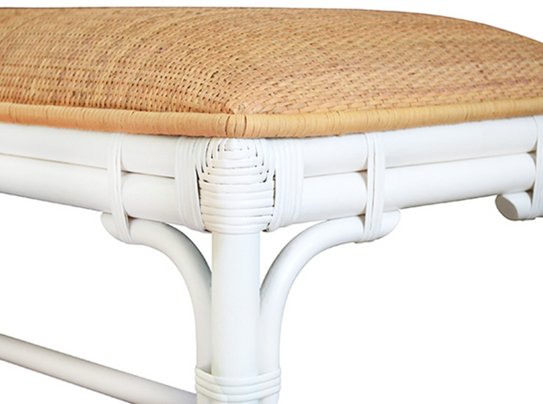 Asha Natural Rattan Cushion Top Bench with White Painted Rattan Base