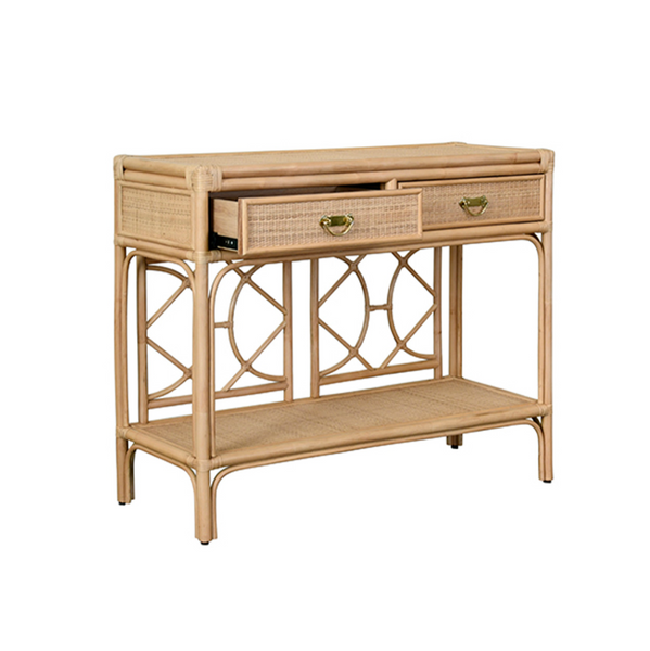 Gideon Natural Rattan Two Drawer Console with Decorative Back
