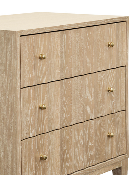 Carmack Fluted Cerused Oak Three Drawer Side Table with Brass Knobs
