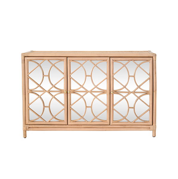 Aria Natural Rattan Three Door Buffet Cabinet with Mirro Front Doors and Adjustable Shelves