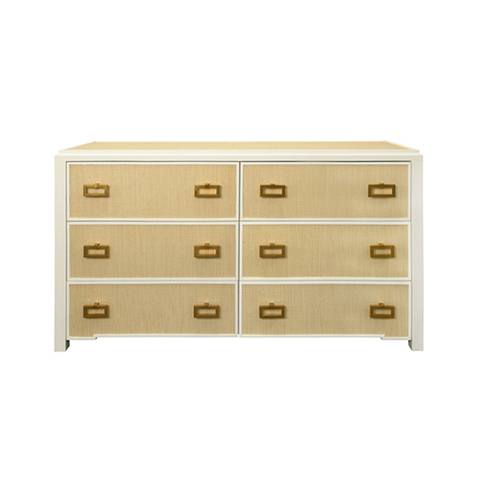 Atticus Natural Grasscloth and Matte White Lacquer Six Drawer Chest with Satin Brass Drawer Pulls