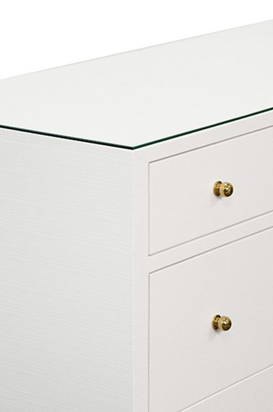 Carnegie Textured White Linen, Glass Top, Seven Drawer Chest with Brass Knobs