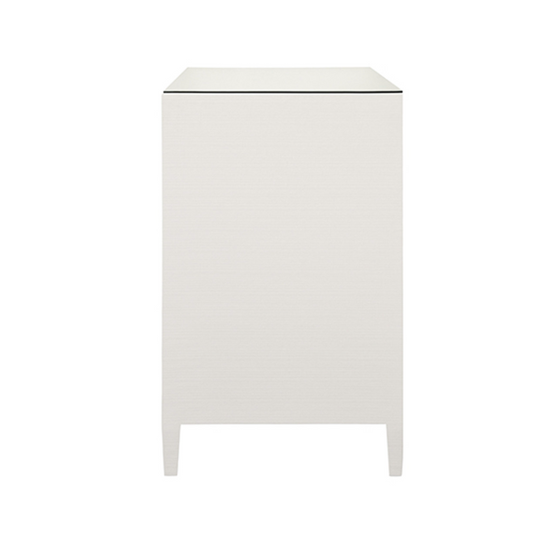 Carnegie Textured White Linen, Glass Top, Seven Drawer Chest with Brass Knobs