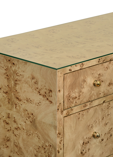 Carnegie Burlwood Seven Drawer Chest with Glass Top and Brass Knobs