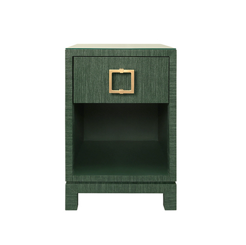 Blair Green Grasscloth, Glass Top, One Drawer Square Side Table with Satin Brass Drawer Pull