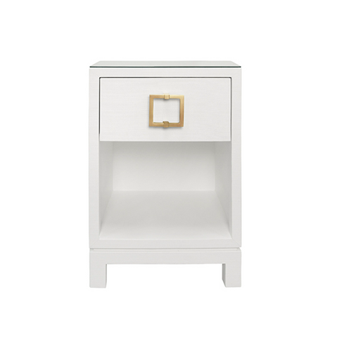 Blair White Textured Linen, Glass Top, One Drawer Square Side Table with Satin Brass Drawer Pull