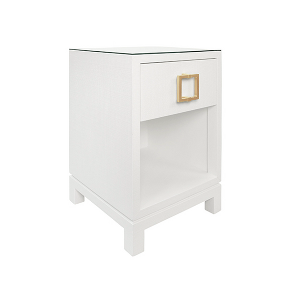 Blair White Textured Linen, One Drawer Square Side Table with Satin Brass Drawer Pull and Glass Top