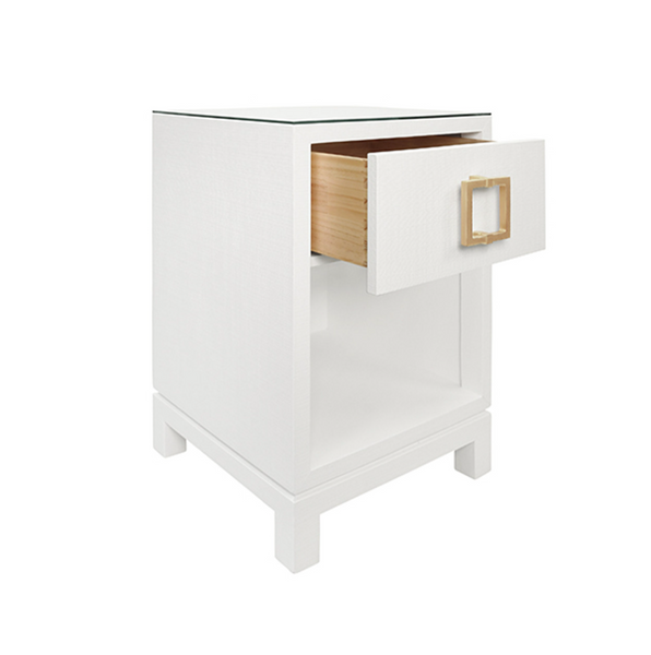 Blair White Textured Linen, One Drawer Square Side Table with Satin Brass Drawer Pull and Glass Top
