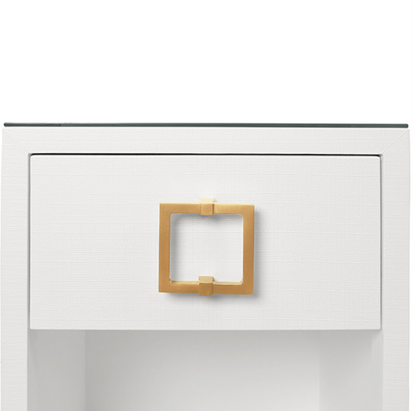 Blair White Textured Linen, One Drawer Square Side Table with Satin Brass Drawer Pull and Glass Top