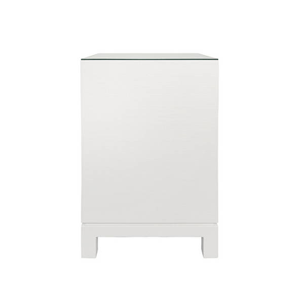 Blair White Textured Linen, One Drawer Square Side Table with Satin Brass Drawer Pull and Glass Top