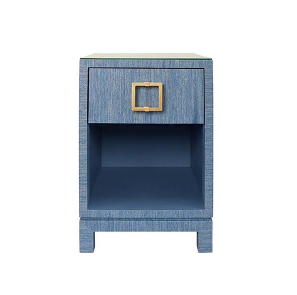 Blair Light Blue Grasscloth One Drawer Square Side Table with Satin Brass Drawer Pull and Glass Top