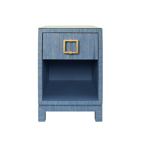 Blair Blue Grasscloth, Glass Top, One Drawer Square Side Table with Satin Brass Drawer Pull