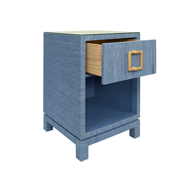 Blair Light Blue Grasscloth One Drawer Square Side Table with Satin Brass Drawer Pull and Glass Top
