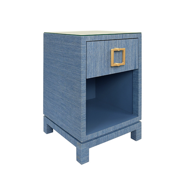 Blair Light Blue Grasscloth One Drawer Square Side Table with Satin Brass Drawer Pull and Glass Top
