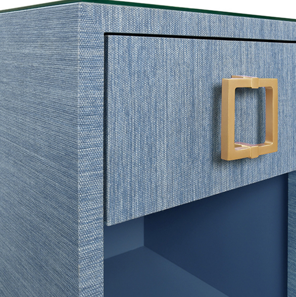Blair Light Blue Grasscloth One Drawer Square Side Table with Satin Brass Drawer Pull and Glass Top