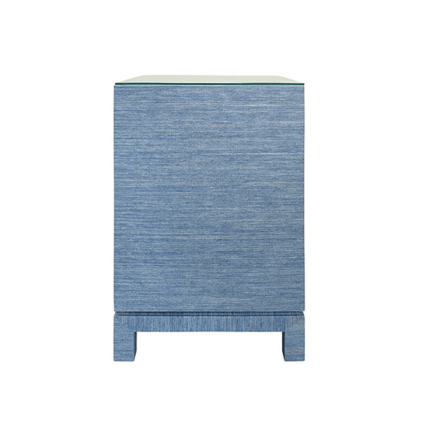 Blair Light Blue Grasscloth One Drawer Square Side Table with Satin Brass Drawer Pull and Glass Top