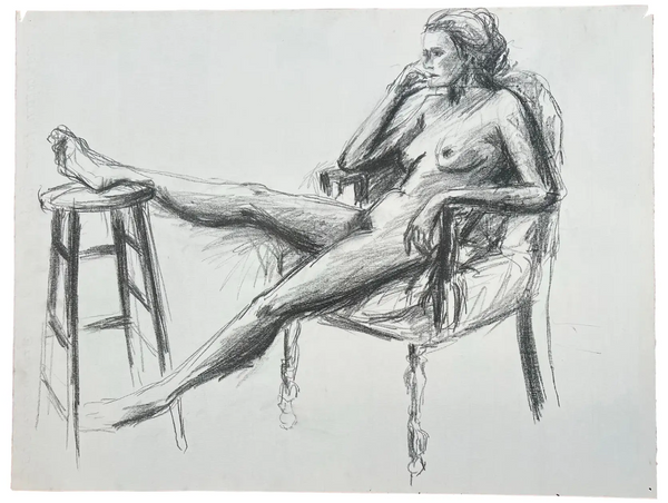 Barbara Beck 1970s Figurative Charcoal Sketch on Paper