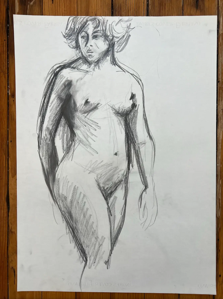 Barbara Beck 1970s Figurative Charcoal Sketch on Paper
