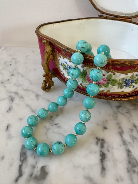 19.5" Turquoise Beaded Necklace with Gold Tone Spacers and Hook - Designed by Matthew Izzo