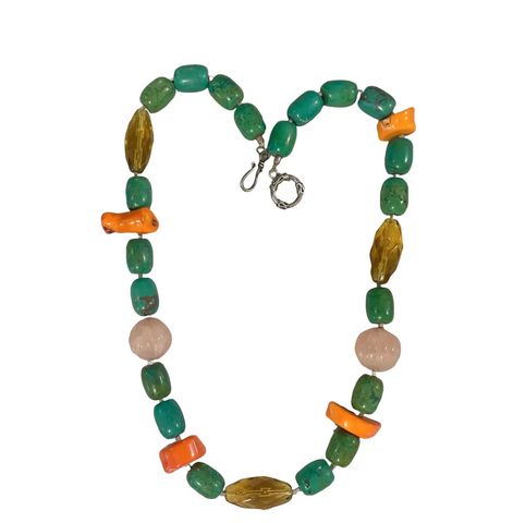 18" Turquoise, Branch Coral, and Rose Quartz Beaded Necklace with Silver Tone Clasp