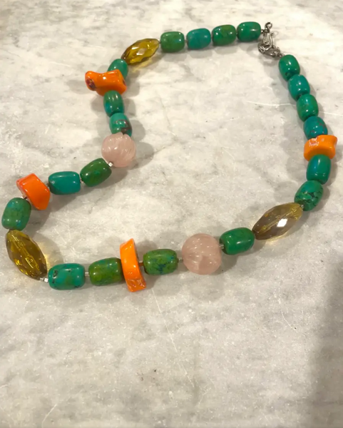 18" Turquoise, Branch Coral, and Rose Quartz Beaded Necklace with Silver Tone Clasp