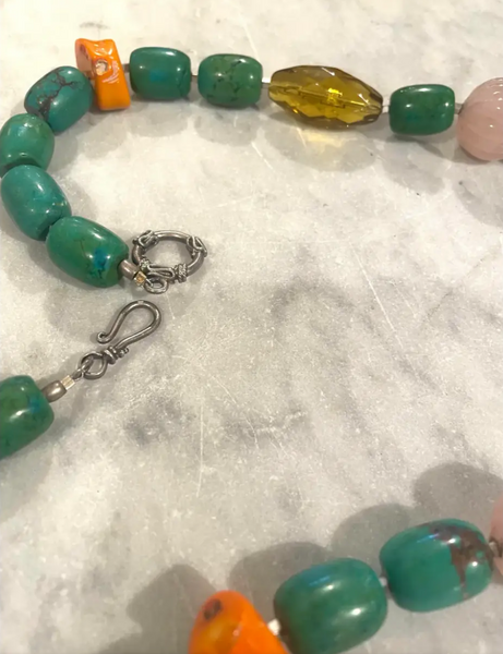 18" Turquoise, Branch Coral, and Rose Quartz Beaded Necklace with Silver Tone Clasp