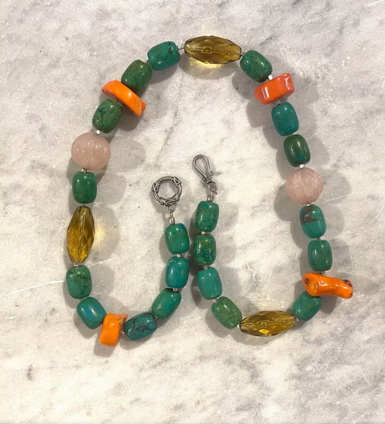 18" Turquoise, Branch Coral, and Rose Quartz Beaded Necklace with Silver Tone Clasp
