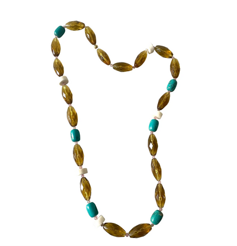 32" Turquoise, White Branch Coral, and Amber Glass Beaded Necklace with Rose Quartz Spacers - Designed by Matthew Izzo