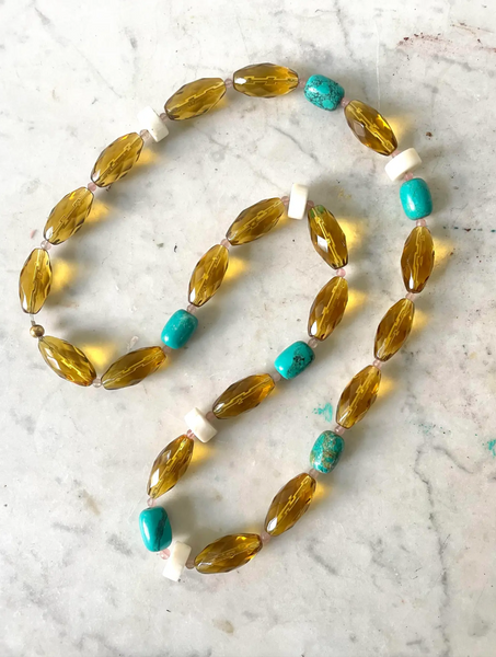32" Turquoise, White Branch Coral, and Amber Glass Beaded Necklace with Rose Quartz Spacers - Designed by Matthew Izzo