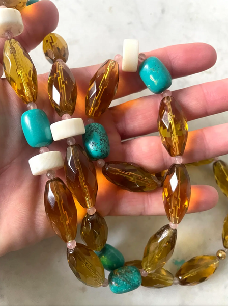 32" Turquoise, White Branch Coral, and Amber Glass Beaded Necklace with Rose Quartz Spacers - Designed by Matthew Izzo