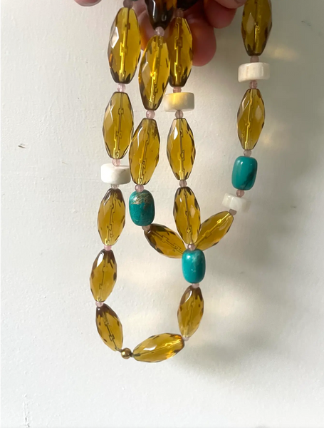 32" Turquoise, White Branch Coral, and Amber Glass Beaded Necklace with Rose Quartz Spacers - Designed by Matthew Izzo