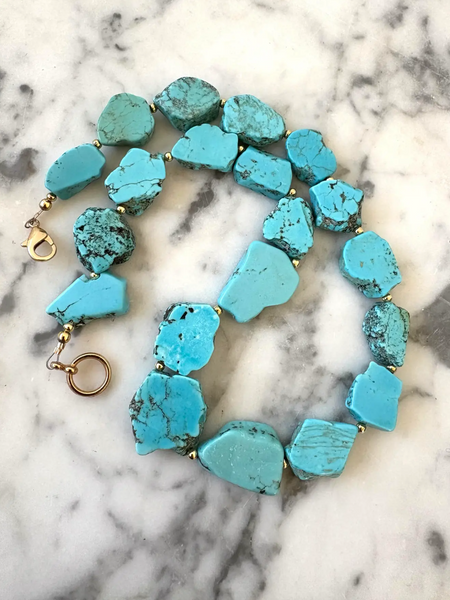 18" Natural Turquoise Beaded Necklace With and Gold Tone Spacers and Clasp - Designed by Matthew Izzo