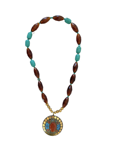 24" Turquoise and Faceted Amber Glass Beaded Necklace With Vintage Brass Pendant - Designed by Matthew Izzo