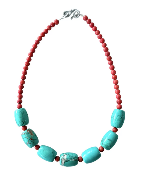 18" Turquoise and Coral Beaded Necklace With Silver Tone Hook Clasp - Designed by Matthew Izzo