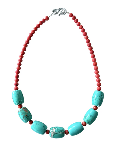 18" Turquoise and Coral Beaded Necklace With Silver Tone Hook Clasp - Designed by Matthew Izzo