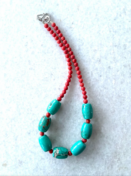 18" Turquoise and Coral Beaded Necklace With Silver Tone Hook Clasp - Designed by Matthew Izzo