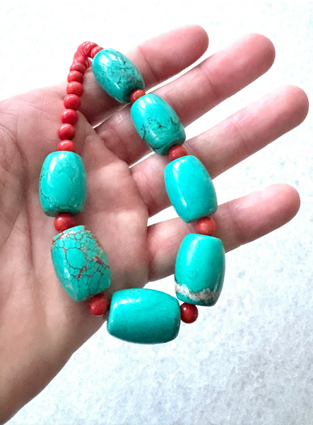 18" Turquoise and Coral Beaded Necklace With Silver Tone Hook Clasp - Designed by Matthew Izzo