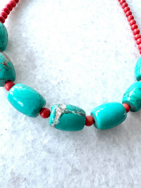 18" Turquoise and Coral Beaded Necklace With Silver Tone Hook Clasp - Designed by Matthew Izzo