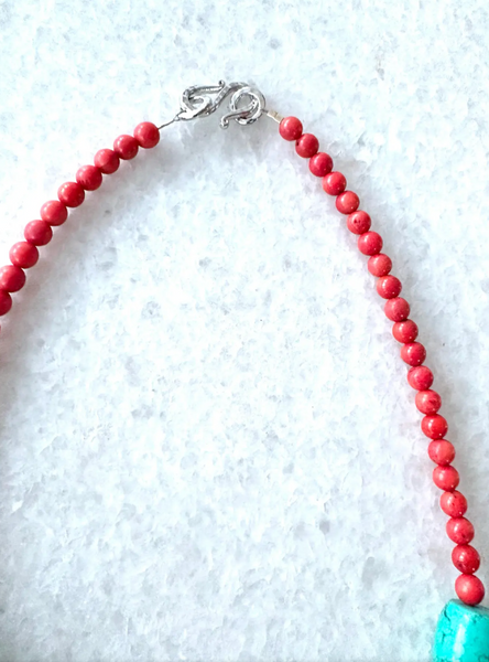 18" Turquoise and Coral Beaded Necklace With Silver Tone Hook Clasp - Designed by Matthew Izzo