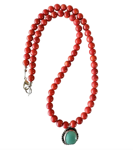 18" Coral Beaded Necklace With Sterling Silver Turquoise Pendant - Designed by Matthew Izzo