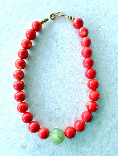 19" Coral and Carved Jade Beaded Necklace - 2025 S/S Collection by Matthew Izzo