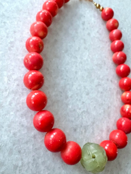 19" Coral and Carved Jade Beaded Necklace - 2025 S/S Collection by Matthew Izzo